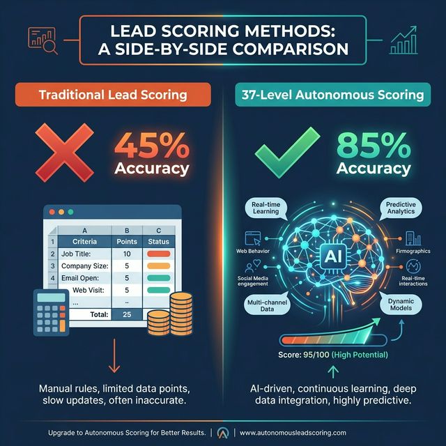 Comparison infographic showing Traditional Lead Scoring at 45% accuracy versus 37-Level Autonomous Scoring at 85% accuracy for Indian B2B companies