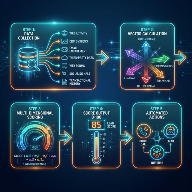Flowchart diagram of autonomous lead scoring process from data collection through vector calculation to automated sales actions