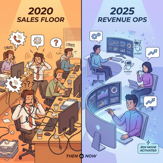 Side-by-side comparison of crowded 2020 sales floor with stressed SDRs versus calm 2025 AI-powered revenue operations team